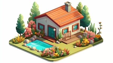 Isometric vector illustration of a cozy bungalow with a garden