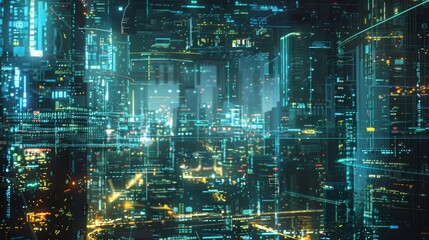 A futuristic cityscape with digital displays and holographic projections