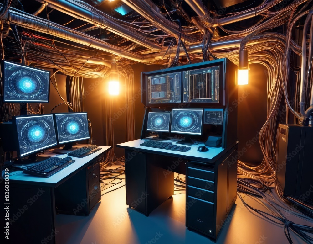 Poster a sophisticated server room bathed in blue light, featuring racks of computer hardware and a maze of