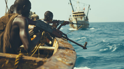 Naklejka premium Men armed on a small boat with a looming ship in pursuit, evoking intense maritime drama.