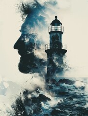 Coastal lighthouse, close up, standing tall, Double exposure silhouette with sea spray
