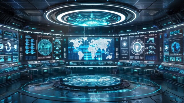 futuristic command center with holographic displays
