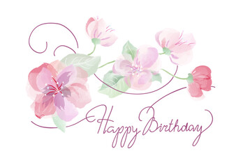 Happy birthday postcard drawing of pink and purple flowers. Happy birthday text lettering. A bouquet of flowers for greetings, watercolor drawing of flowers, vector. Greeting poster white pink backgro