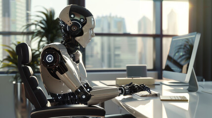 Futuristic humanoid robot sits at a desk, showcasing advancements in AI and robotics.