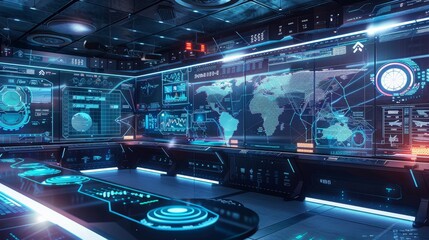 futuristic command center with holographic displays