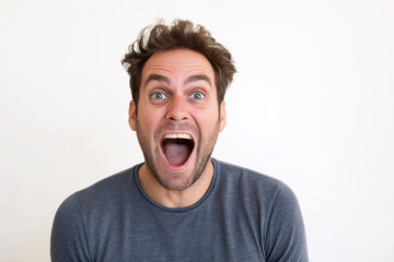 Excited Man with Surprised Expression in Casual Blue Shirt on White Background