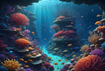 Cyberpunk underwater scene of a thriving diverse c