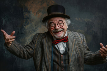 Happy elderly man in vintage outfit with joyful expression