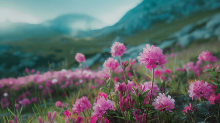 Obraz premium Vibrant pink mountain flowers bloom with a picturesque alpine backdrop.