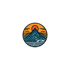mountain logo landscape with rocks at sunrise, Sea and Sun for Hipster Adventure Traveling logo