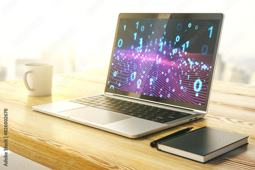 Aufkleber Creative abstract binary code hologram on modern computer monitor, AI and machine learning concept. 3D Rendering