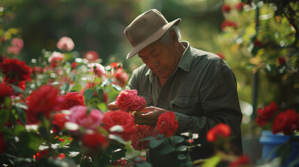 Elderly man tenderly caring for vibrant roses in a sunlit garden.