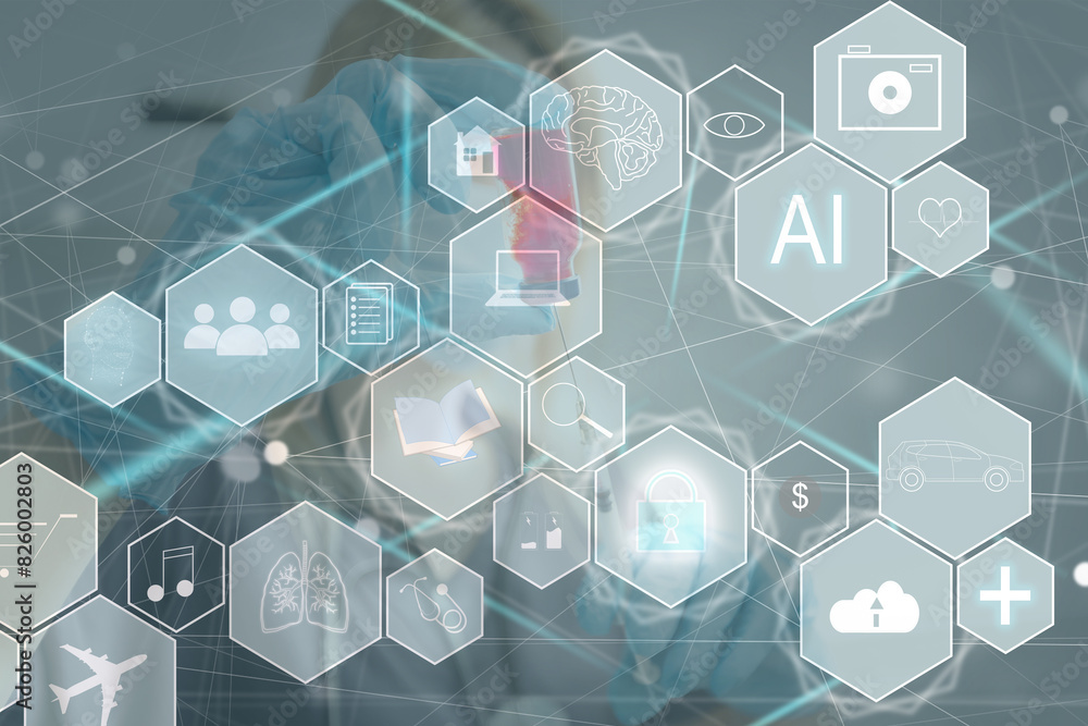 Poster artificial intelligence service business web computing iot integration concept. ai gear icon on disp