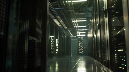 Fototapeta premium The quiet hum of servers in a dim data center corridor, a digital backbone in the shadows.