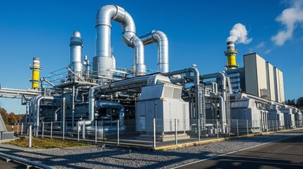 Obraz premium A large industrial power plant with intricate pipelines and exhaust stacks is shown under clear blue skies during daytime.