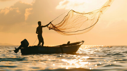 Silhouetted fisherman at dusk, casting a net on tranquil waters, embodying the essence of tradition.