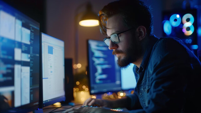 Concentrated male developer coding late at night, surrounded by glowing monitors.