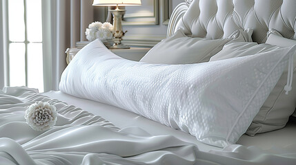 Close-up of a white pillow on a bed in a hotel room