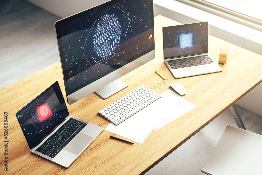 Poster abstract creative fingerprint concept on modern laptop screen. 3d rendering