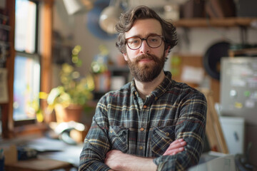 Fototapeta premium Confident designer in creative workspace with arms crossed