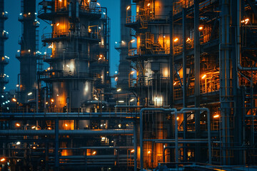 Industrial oil refinery at night, lights illuminating structures, dramatic and powerful imagery