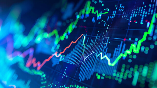 Vibrant stock market graph with upward trends, showcasing investment growth, blue and green tones, clean and modern design