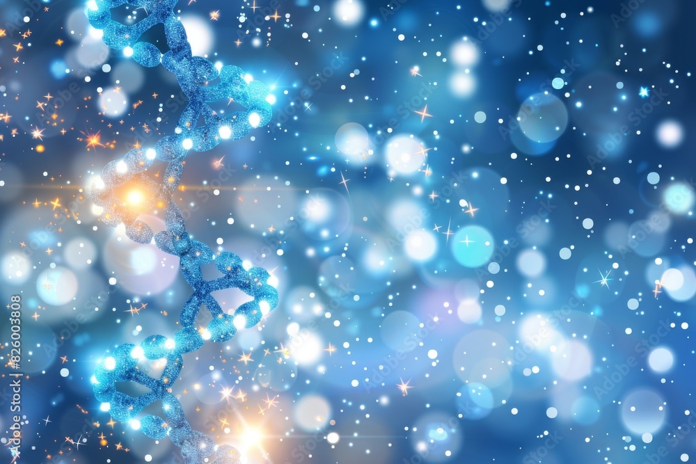 Poster high tech dna visualization with blue glowing particles on a dark digital grid, illustrating the int