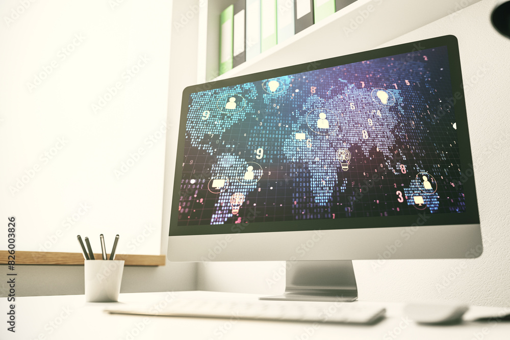 Fototapete modern computer screen with social network icons concept and world map. networking concept. 3d rende