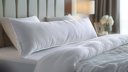 Close-up of a white pillow on a bed in a hotel room