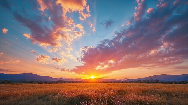 Dramatic Sunset Panorama. Beautiful Nature Background.