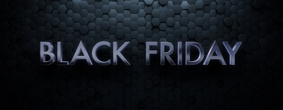 Hexagon Tile Background with Chrome Black Friday Words. Premium 3D Promo Banner with copy-space.