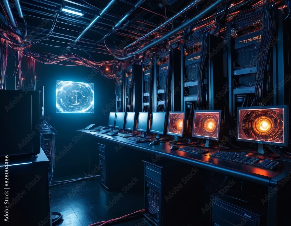 Poster a high-tech server room illuminated with neon blue lights, featuring multiple computer terminals and