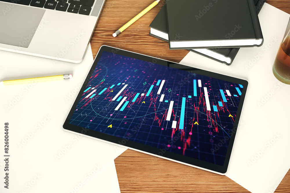 Aufkleber top view of abstract creative financial diagram on modern digital tablet display, banking and accoun