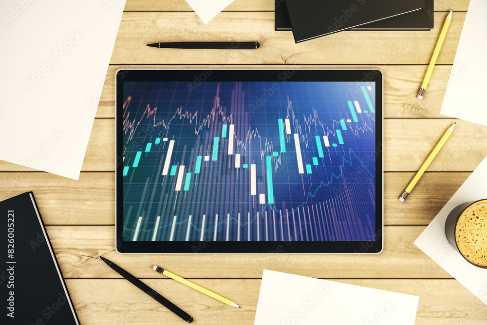 Poster modern digital tablet screen with abstract financial diagram, banking and accounting concept. top vi