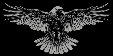 Obraz premium Black And White Illustration. Isolated Flying Raven Crow Front View
