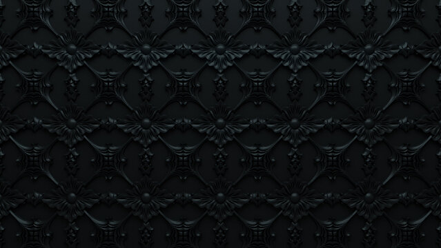 Elegant Dark Decorative Pattern Wallpaper. Black 3D Baroque Background.