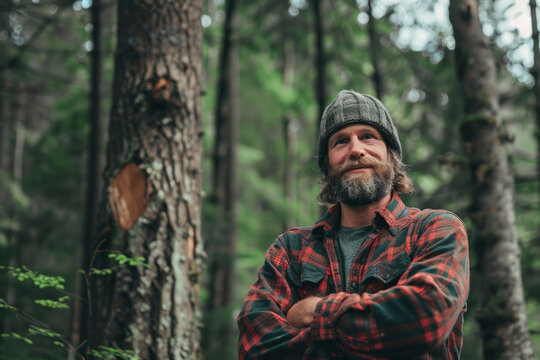 Confident bearded man in plaid shirt standing in a forest