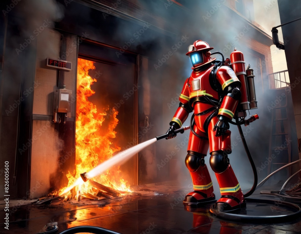 Poster a high-tech firefighter robot is dousing a fierce fire in an industrial setting with precision and s