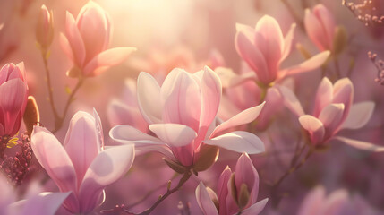 A branch of magnolia flowers with petals that are white on the inside and pink on the outside
