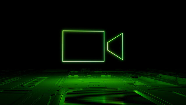 Green neon light Recording icon. Vibrant colored Video camera technology symbol, on a black background with high tech floor. 3D Render
