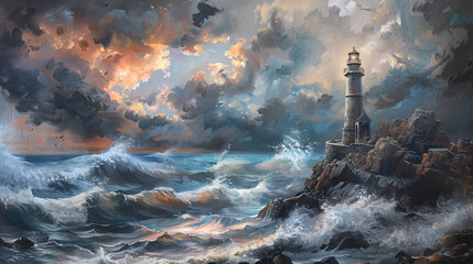 A solitary lighthouse on a rugged cliffside during a storm