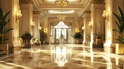 The grand entrance of the luxury hotel features a spacious lobby with elegant lighting and marble floors. The walls are in gold