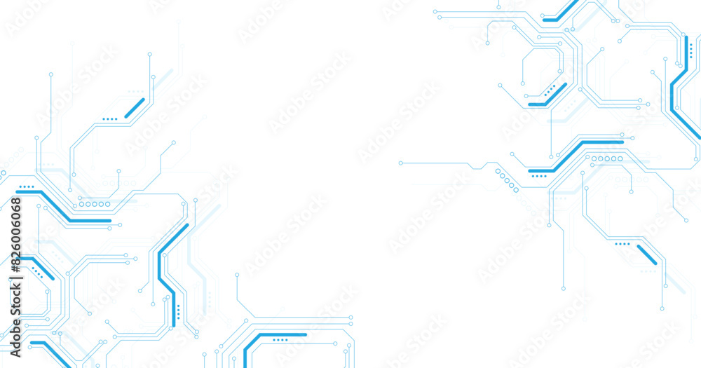 Poster Blue circuit diagram on white background. High-tech circuit board connection system.Vector abstract technology on a white background.