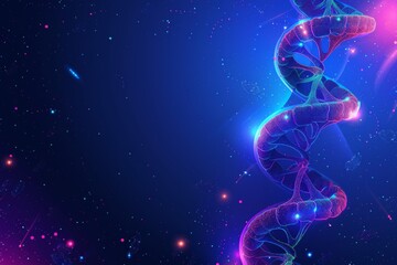 Obraz premium Abstract DNA helix in space with neon pink and blue highlights, genetic research biogenetics and biotech DNA genomic editing and gene sequencing