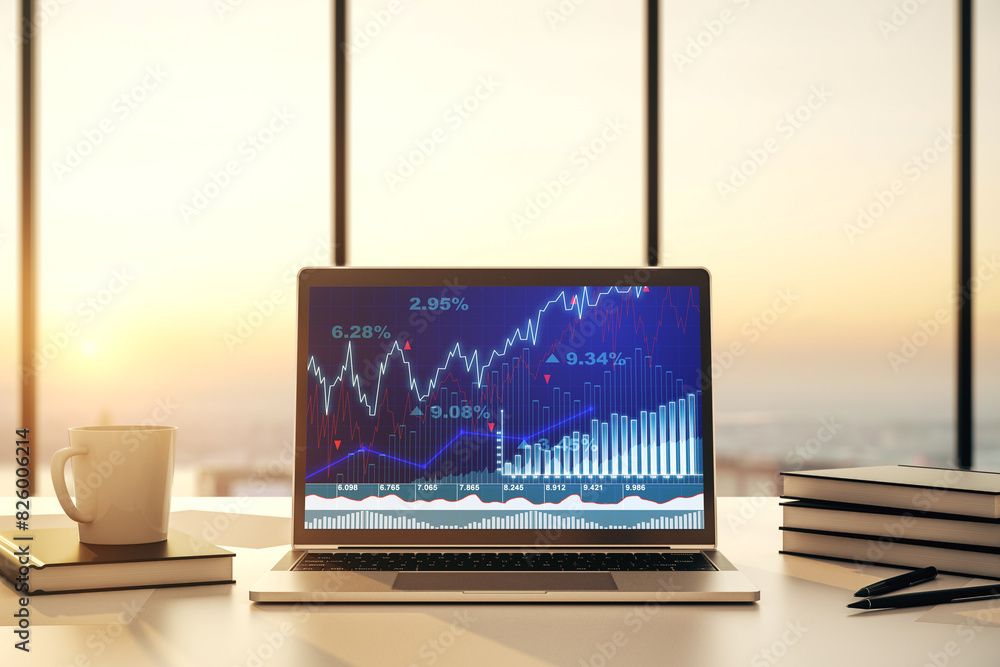 Poster Computer monitor with abstract financial graph, finance and trading concept. 3D Rendering