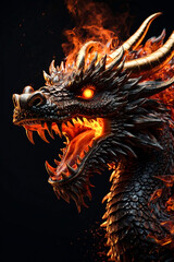Fire chinese dragon head with flame fire at black background, logo design. Portrait (face) of creative dragon in shadow. Logotype concept. Cartoon illustration, generate Ai image. Copy ad text space