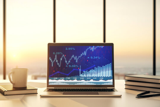 Computer monitor with abstract financial graph, finance and trading concept. 3D Rendering