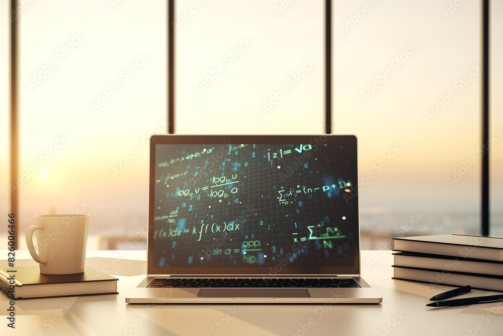 Aufkleber Modern computer monitor with creative scientific formula concept, research and development concept. 3D Rendering