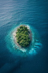 Minimalist aerial view of a small island surrounded by a vast expanse of blue sea, highlighting the isolation and simplicity. 
