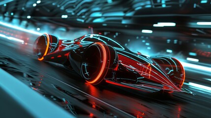 futuristic vehicle with sleek aerodynamic lines and neon light highlights